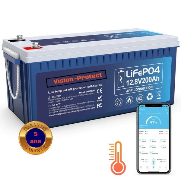 Batterie au lithium 12 V 200 Ah Bluetooth LiFePO4 avec auto-chauffage, BMS 200 A intégré, batteries au lithium à coupure basse température